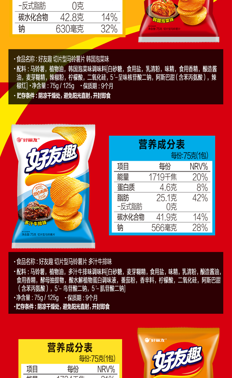 休闲零食 薯片 好友趣加勒比烤翅味(新老包装随机发货) 多汁牛排味75g