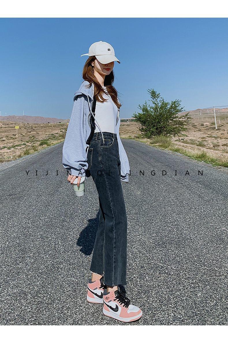 依锦艾蓝灰色牛仔裤女秋装新款高腰显瘦直筒裤宽松弹力烟管裤子秋冬加