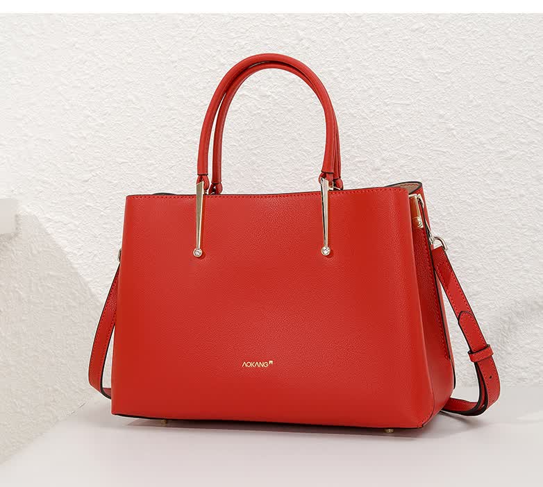 奥康女包年新款牛皮铂金包时尚手提包大容量单肩斜跨手挽包红色