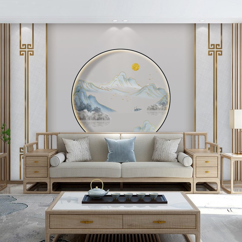 新中式圆型山水电视背景墙壁布水墨风景画墙布客厅轻奢风墙布壁画整张