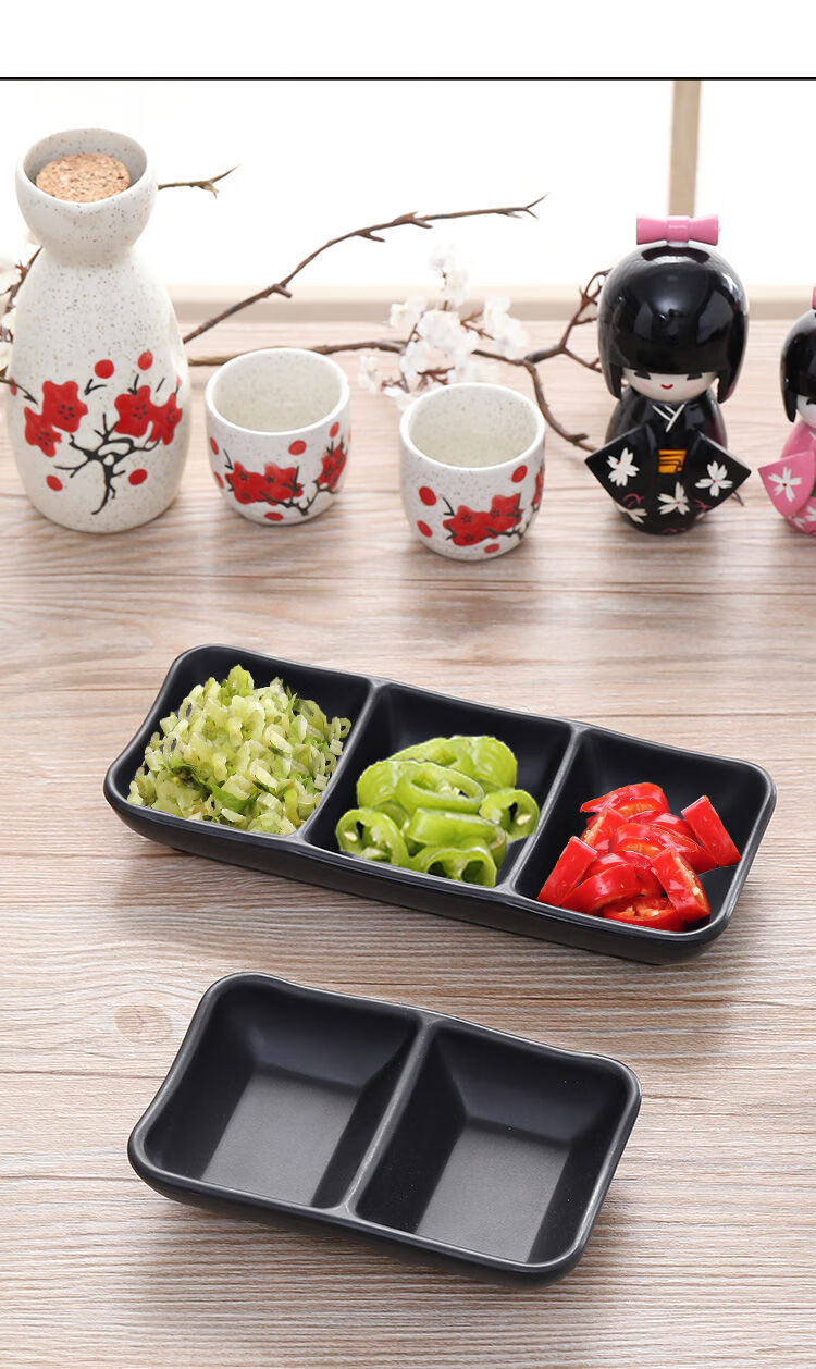 仿瓷烤肉蘸料两格三格碟黑色火锅创意小吃盘密胺日式塑料酱料碟子橙黑