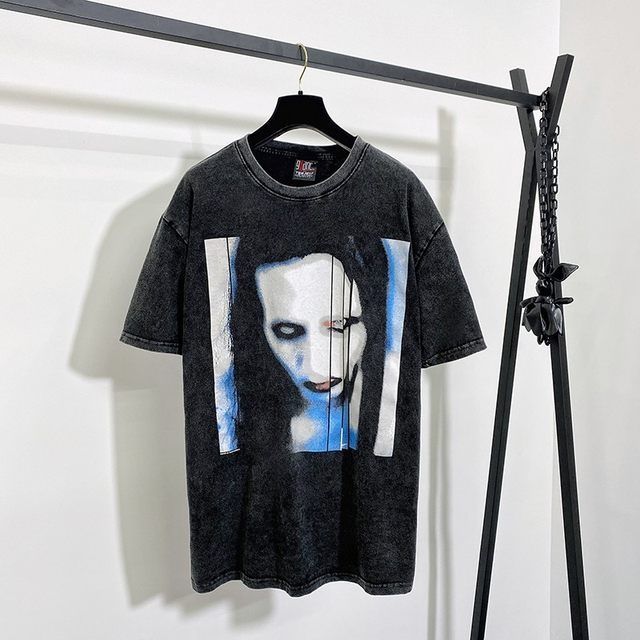 加梵森marilynmanson玛丽莲曼森短袖t恤高街水洗做旧鬼脸宽松潮l黑色