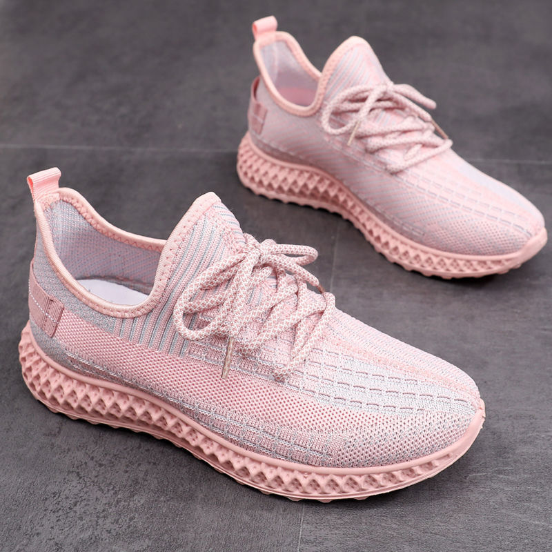 女鞋春季新款透气飞织运动鞋女跑步网鞋子女学生韩版百搭c35粉色普通