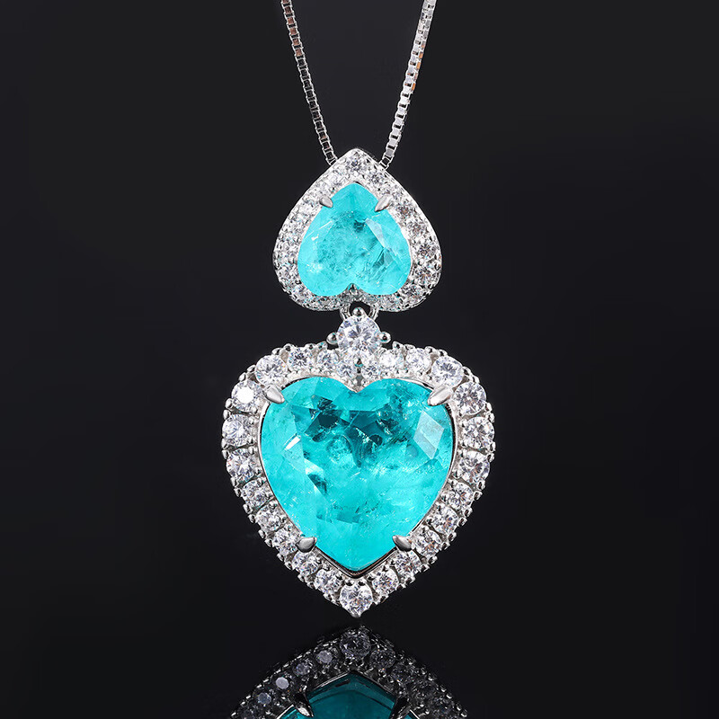 吉辰雕工匠s925通体银抖音帕拉伊巴心形满钻时尚复古套装女15*15 帕蓝