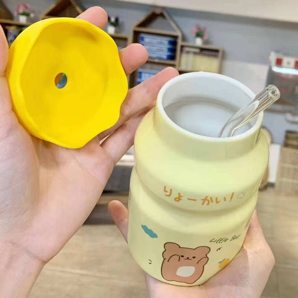 益力多陶瓷杯 水杯ins带吸管网红韩版陶瓷杯男女学生 牛奶咖啡杯子