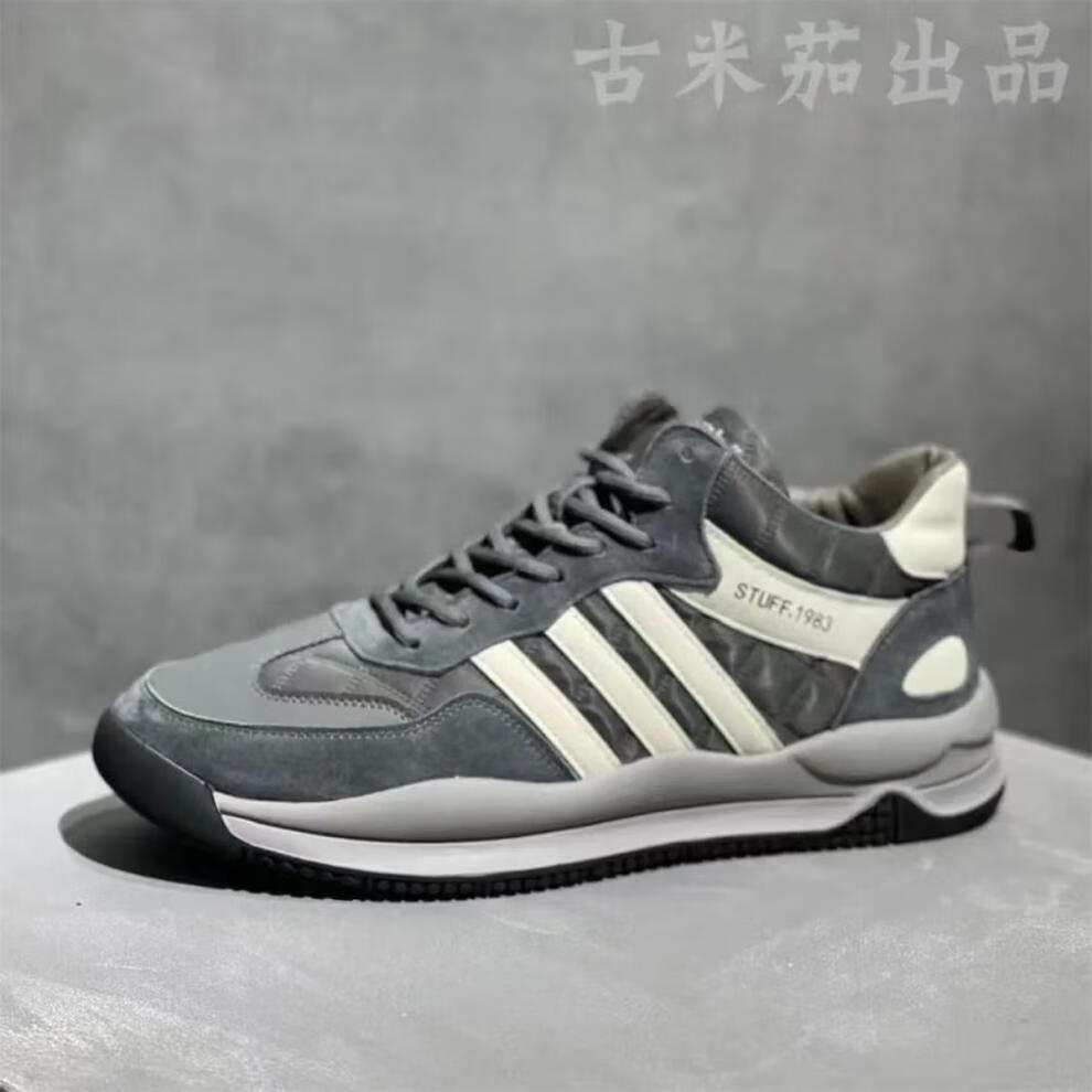 精选跑步鞋古米茄男鞋加棉防滑软底系带皮百搭矮帮潮流韩版鞋卡其加绒