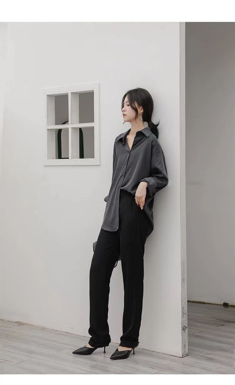 冷淡风复古质感垂感灰色衬衫女宽松外搭春秋叠穿港味百搭长袖衬衣灰色