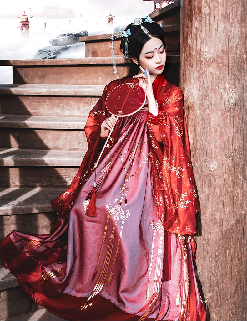 仙鹤汉服学生古装长款齐胸襦裙云鹤裙大袖衫秋冬季红色大袖衫l