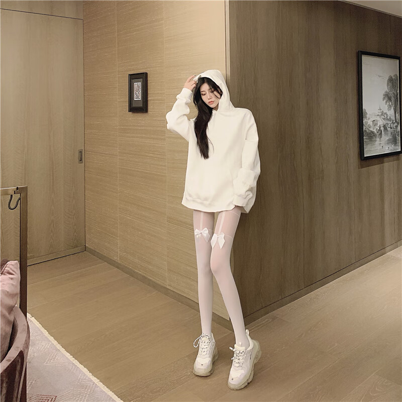 hkaq女士蝴蝶结打底袜性感丝袜白丝连裤袜白色袜子薄款ins潮白色均码
