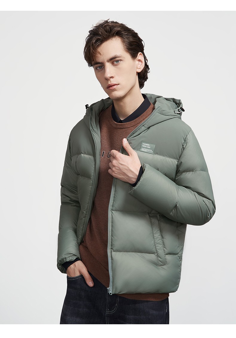 骆驼camel男装冬季连帽石墨烯羽绒服男士短款保暖厚外套服潮灰绿m