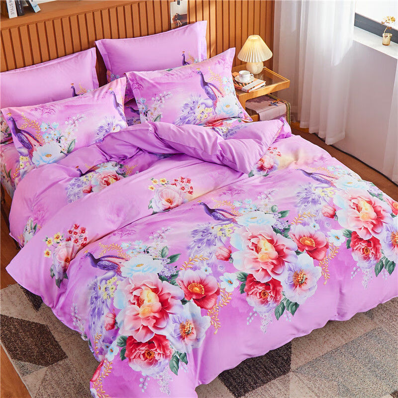 梦美家纺纯棉四件套全棉床单玫红色牡丹花被套床品玫瑰大花床上用品