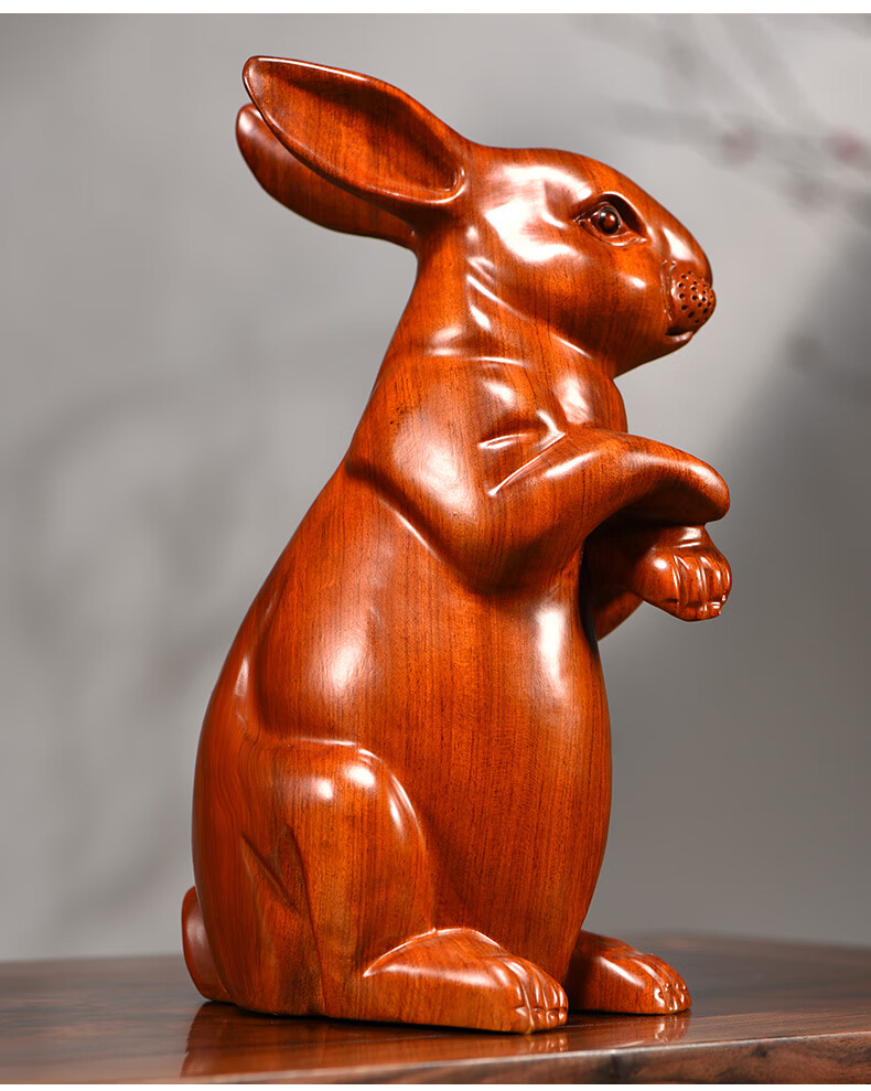 思古黄花梨木雕兔子摆件招财生肖兔实木雕刻工艺品客厅玄关装饰酒柜