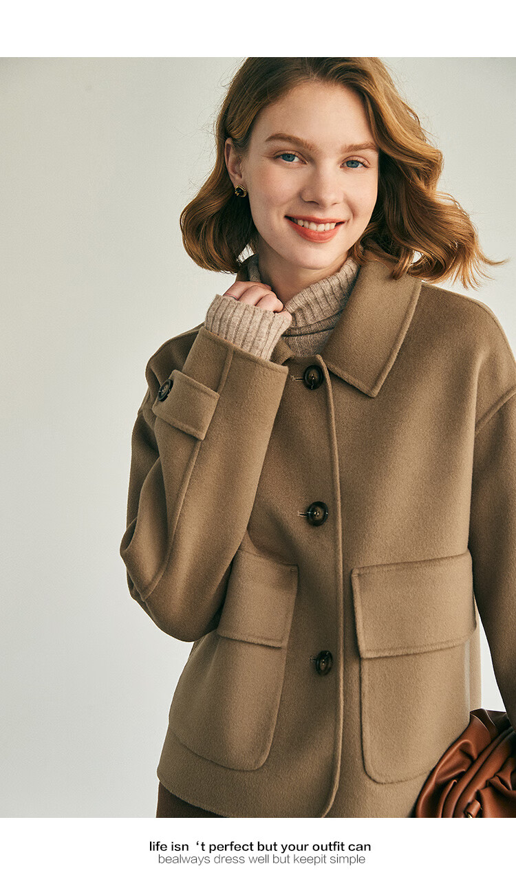 法曼萱浅卡其色短款双面羊绒大衣女冬季2021新款时尚羊毛呢子外套浅