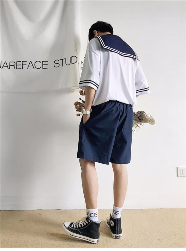 哲霄 夏天牛仔裤男士五分裤dk/jk制服海风水手服套装t恤短裤男女学生