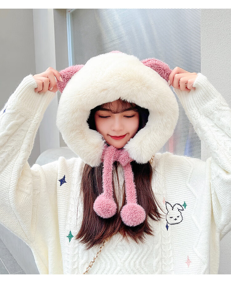 韩版可爱女士毛毛保暖耳朵帽户外休闲秋冬季保暖套头帽子焦糖均码