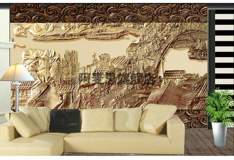3d立体浮雕山水画风景墙纸壁画客厅5d电视背景墙整张无缝闪银布平米