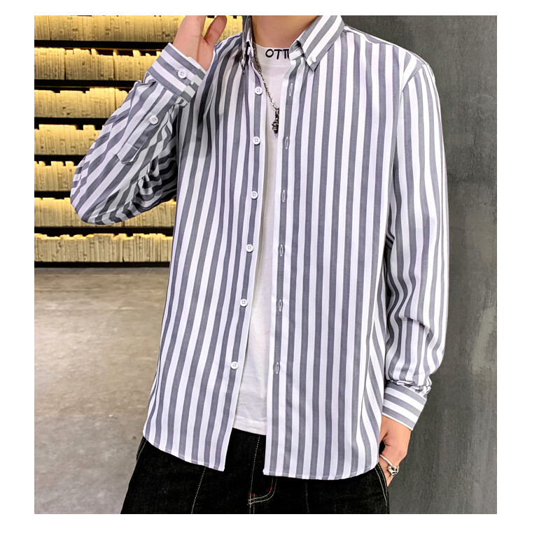 心仪男人男士条纹长袖衬衫休闲时尚潮流打底衫上衣男潮 cs903灰宽条 m