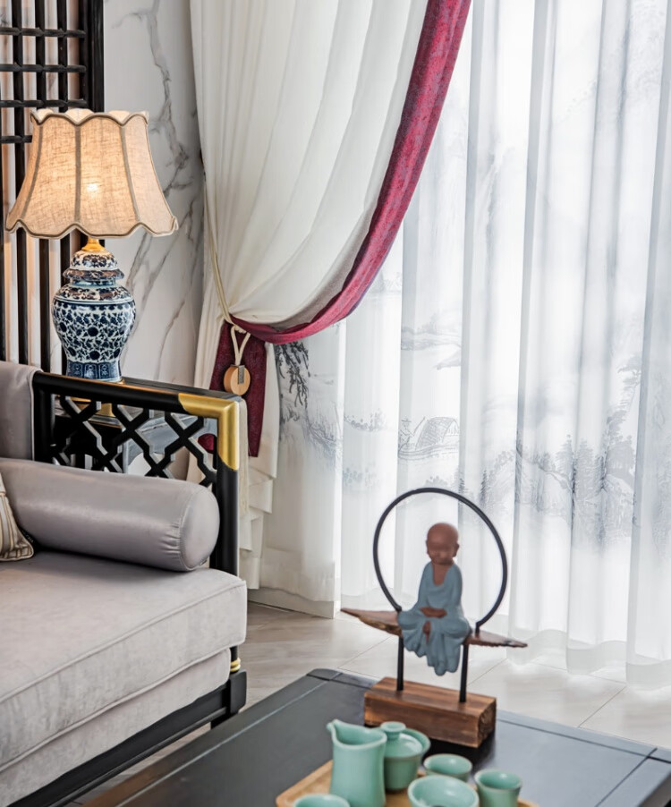 新中式窗帘幔头 新中式窗帘中国风客厅豪华别墅定制中式风格帘头幔