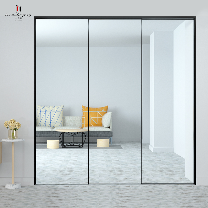 轻奢极简三轨黑色窄边推拉门客厅阳台全景玻璃移门厨房卫生间隔断定制