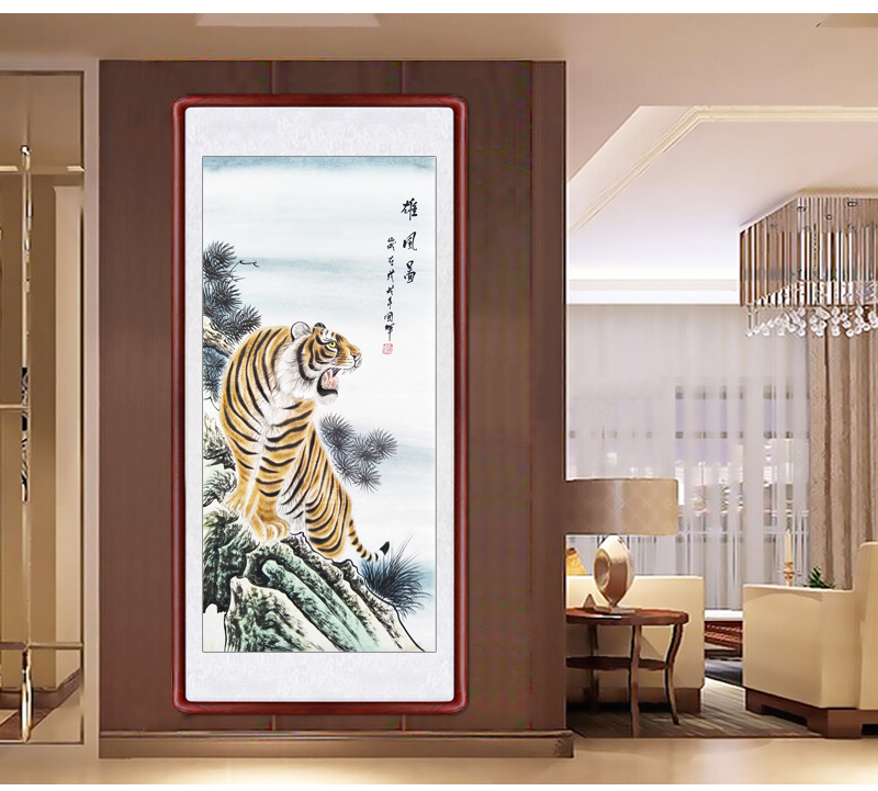 下山虎挂画猛虎下山图山水画风水靠山图上山虎中式国画竖幅玄关走廊