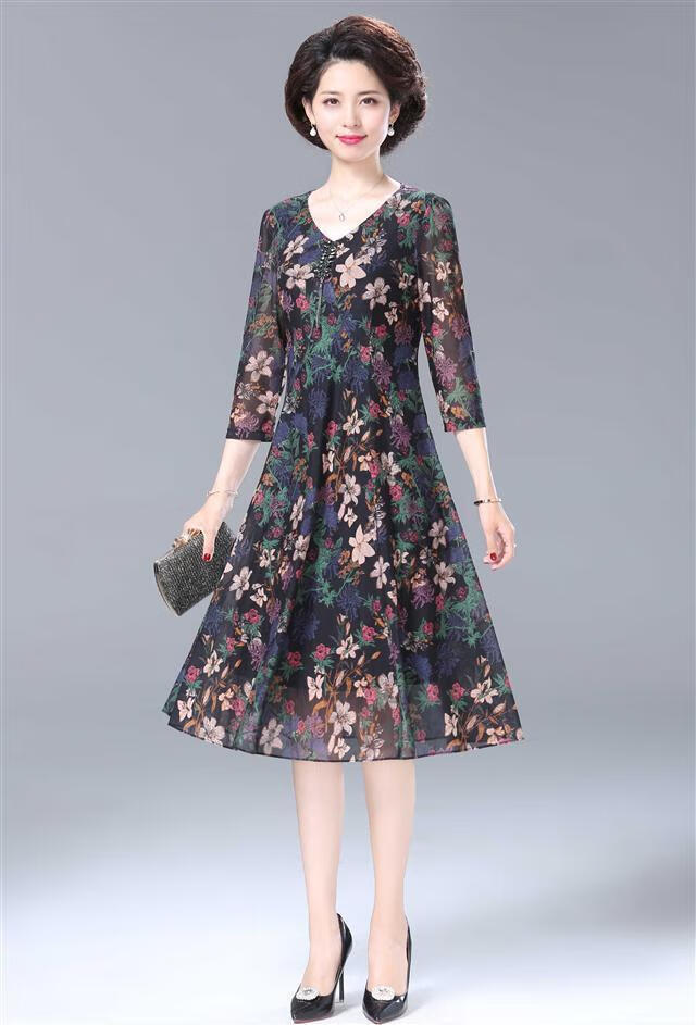 妈妈秋装洋气中长款台湾网纱连衣裙中老年女装时尚显瘦阔太太裙子吉诺