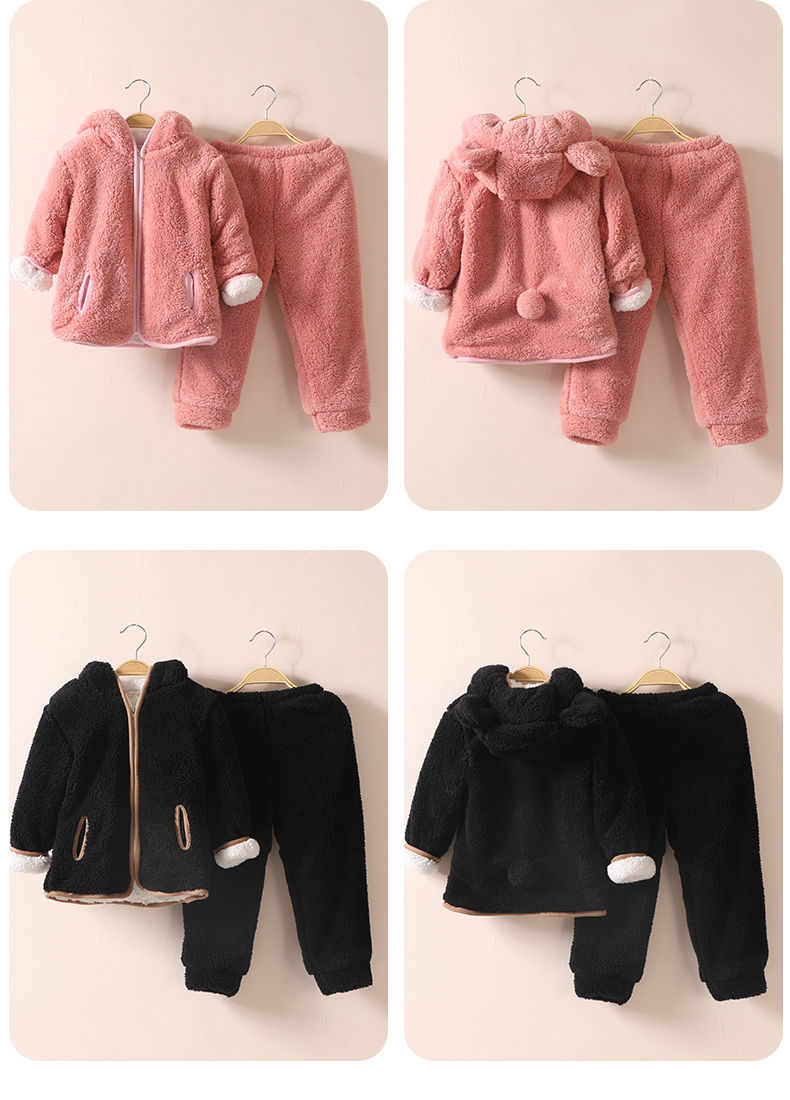 睡衣冬珊瑚绒加绒加厚男女大童小孩加棉保暖衣家居服套装卡其色90