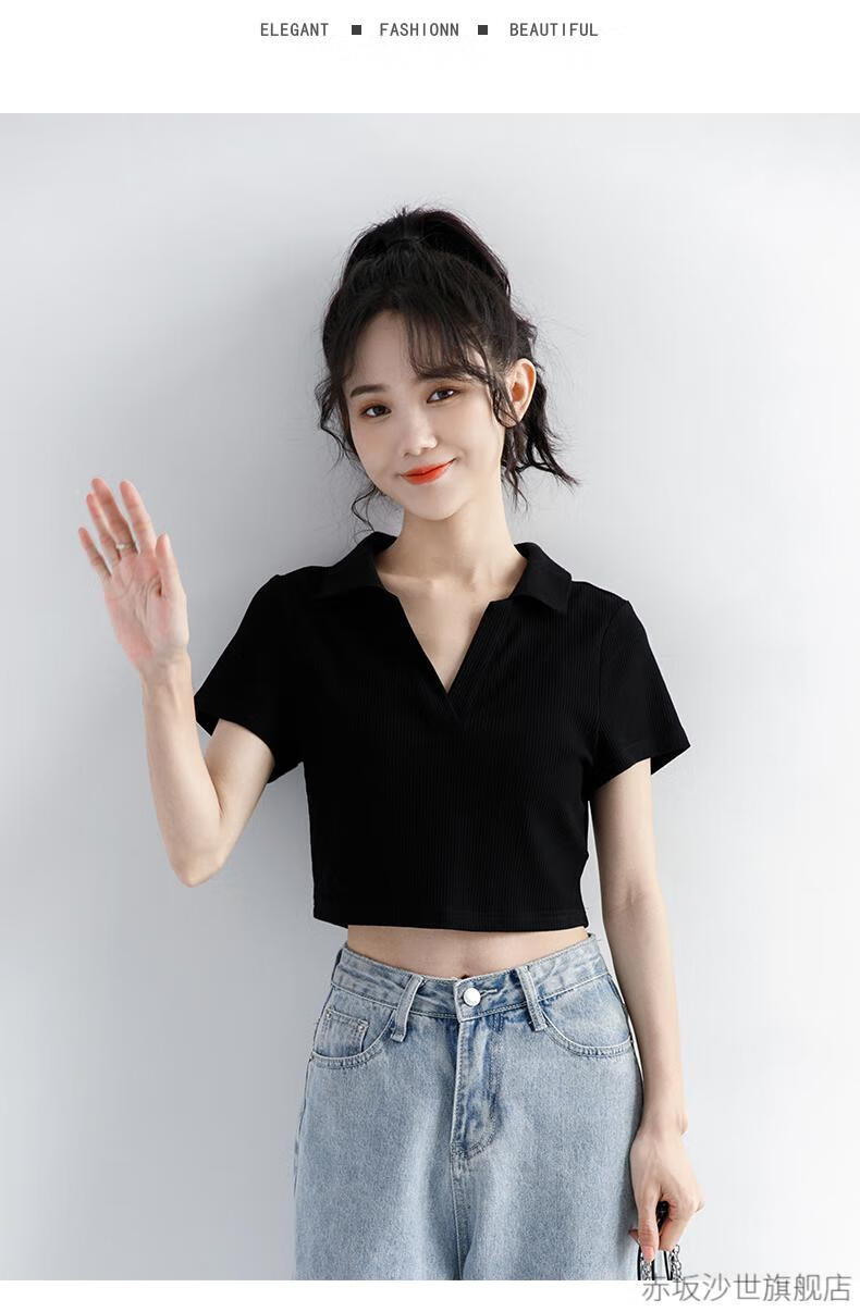 有带领t恤女短袖学生高腰露脐短款上衣黑色修身polo衫超短t恤女黑色s