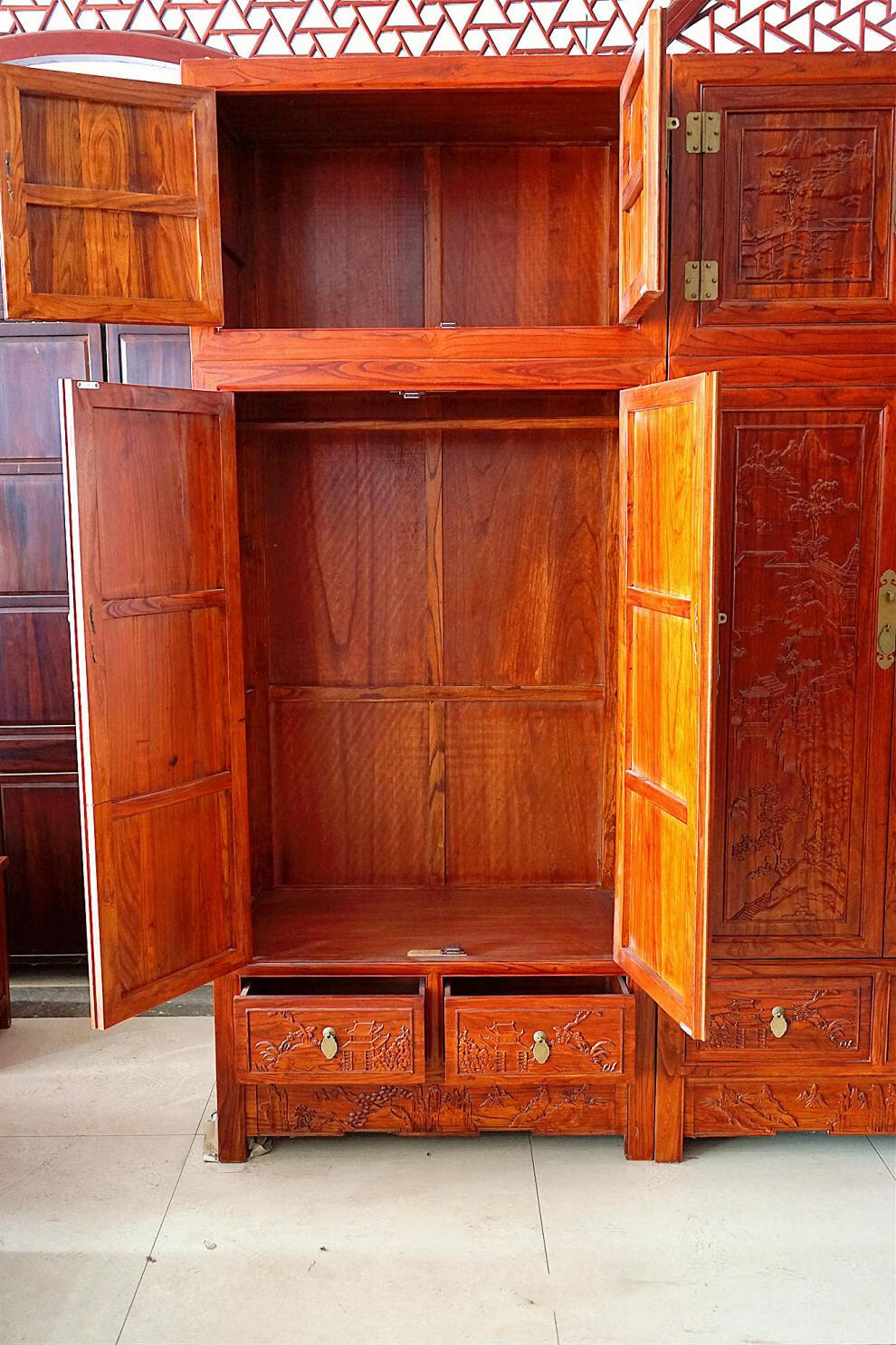 老榆木实木衣柜老榆木大衣柜顶箱柜衣物柜储藏柜明清仿古卯榫雕花家具