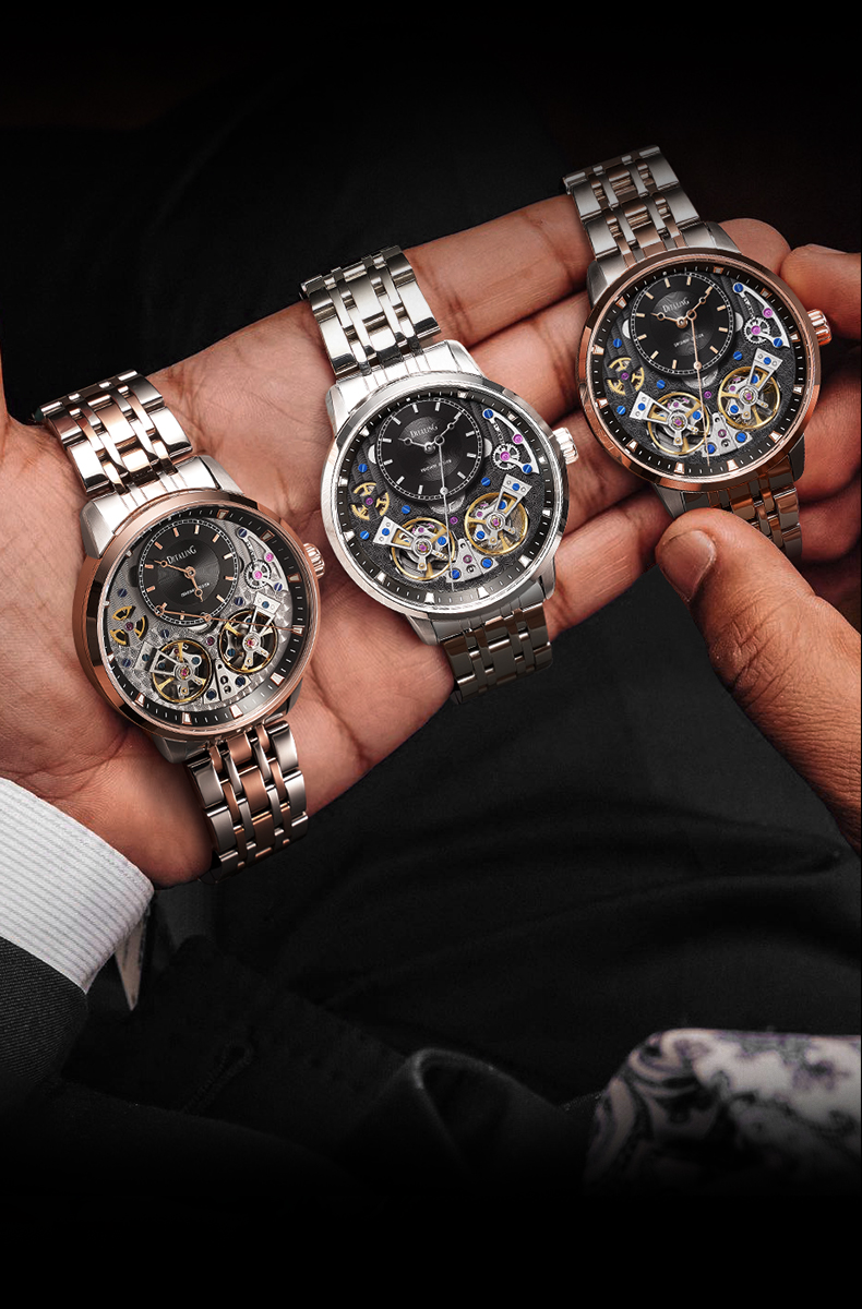 ditaling手表男德国全自动双陀飞轮机械手表男士手表镂空腕表俊逸玫白