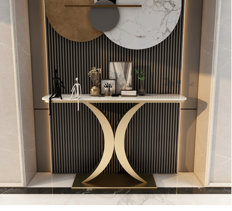 荔澜轻奢意式岩板玄关台现代简约入户靠墙超窄置物长条案端景柜土豪金