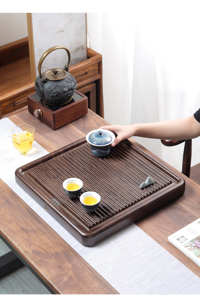 台电木款简易轻奢圆形大小号干泡茶海茶托盘 圆形檀木色30*4cm【图片