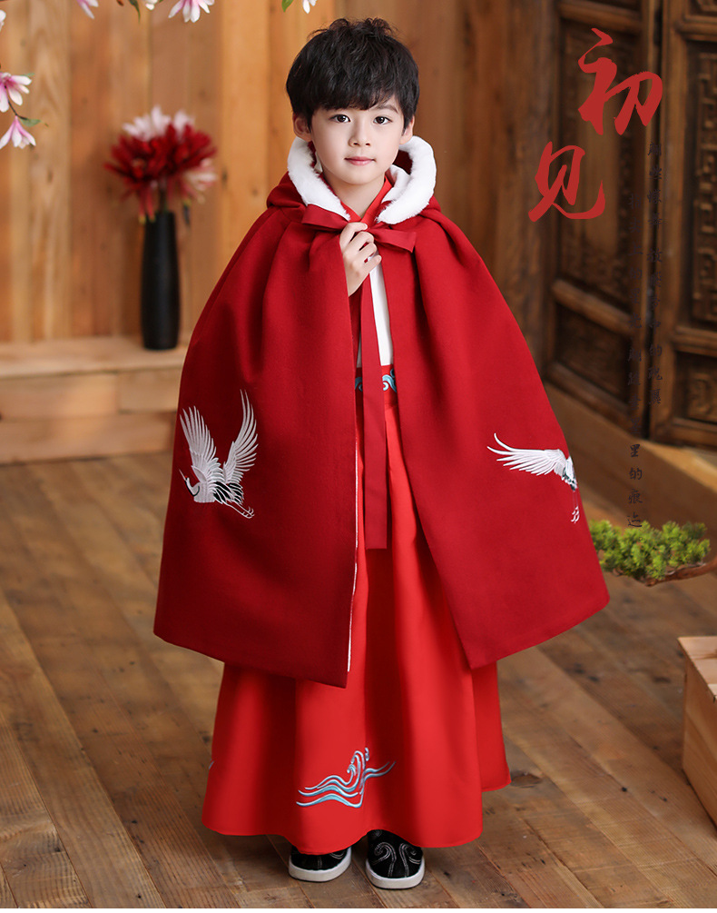 拉贝琳汉服男童披风配汉服斗篷儿童古装中国风小男孩加绒加厚保暖披肩