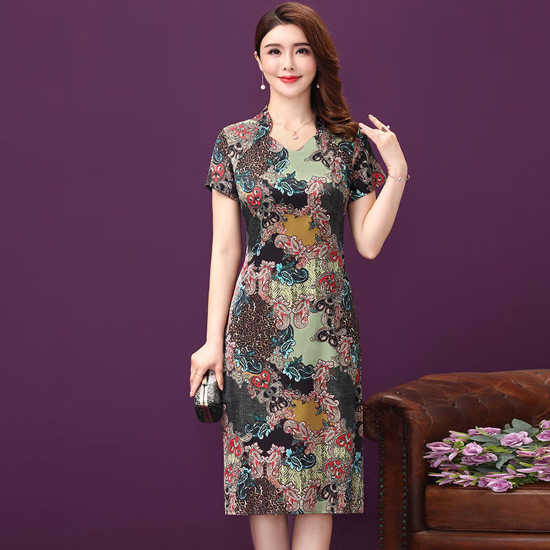 仿桑蚕丝中老年妈妈仿重磅真丝连衣裙中长款裙子定位花红色2xl