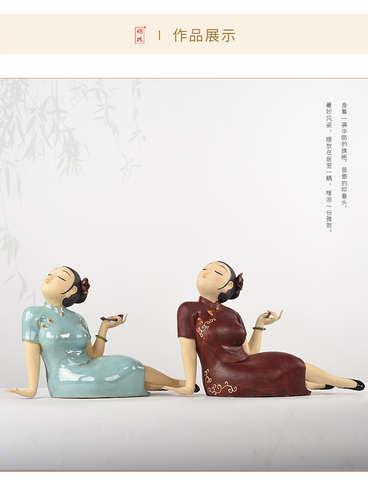 石湾公仔陶瓷古代美女艺术人物摆件客厅电视柜复古工艺品家居饰品蓝釉