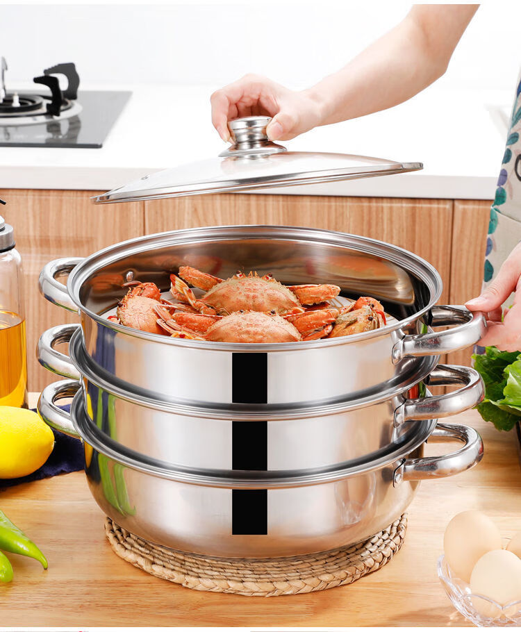 不锈钢蒸锅蒸馒头笼加厚三层家用煤气燃气灶二层小大号电磁炉笼屉28cm