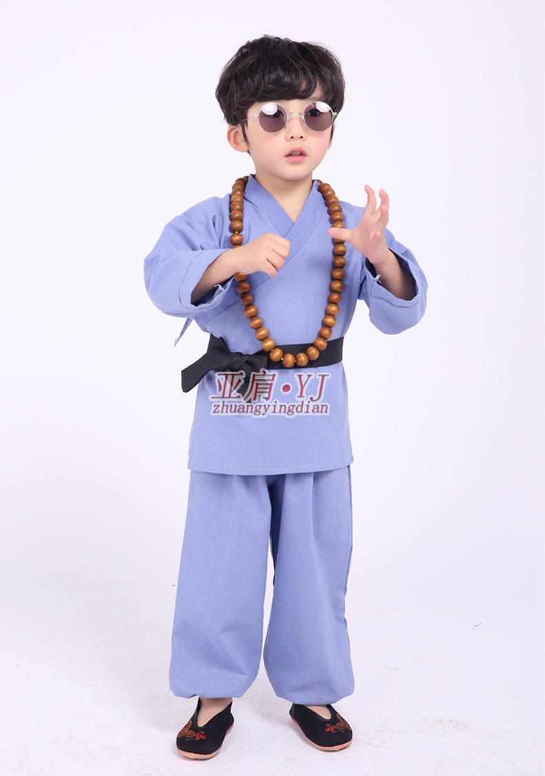 儿童小沙弥僧袍中国风网红婴儿宝宝男孩童搞怪 小和尚棉麻蓝色 背篓