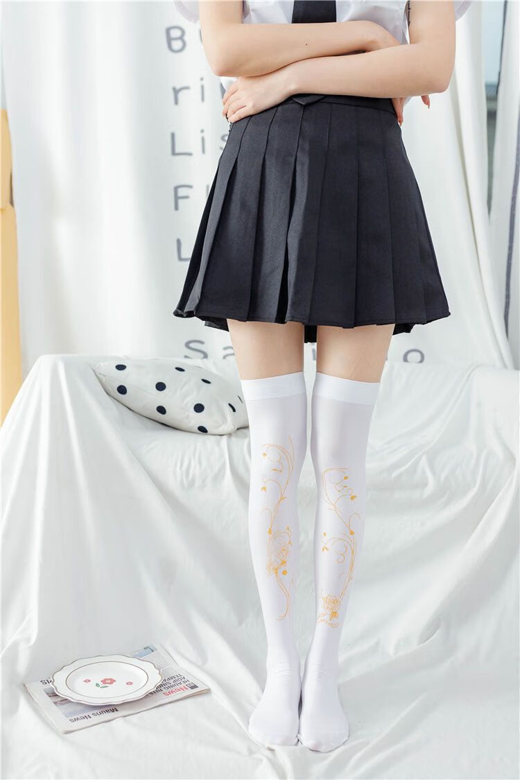 白丝袜日系lolita过膝袜夏季locos二次元长筒袜汉服学院风印花萝莉袜