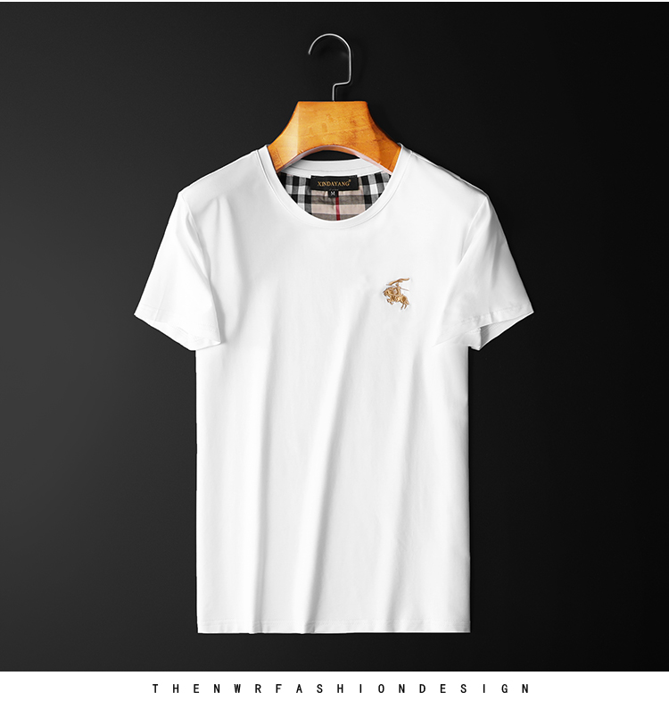 欧洲站巴宝莉纯色夏季男士战马刺绣短袖t恤欧洲站高端商务休闲半袖