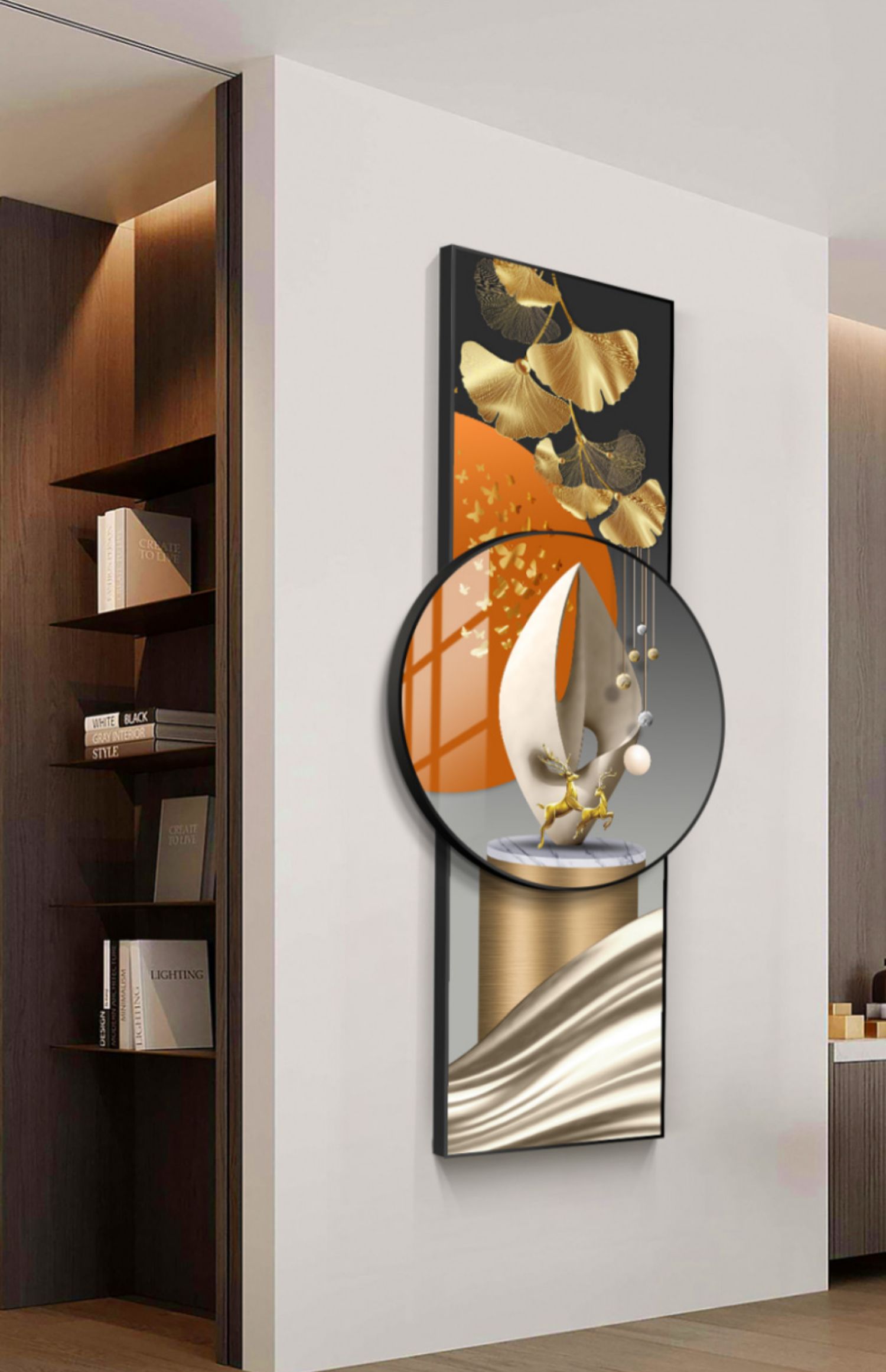 高档高端金鹿磐石玄关挂画大气楼梯走廊双层挂画现代简约过道装饰画