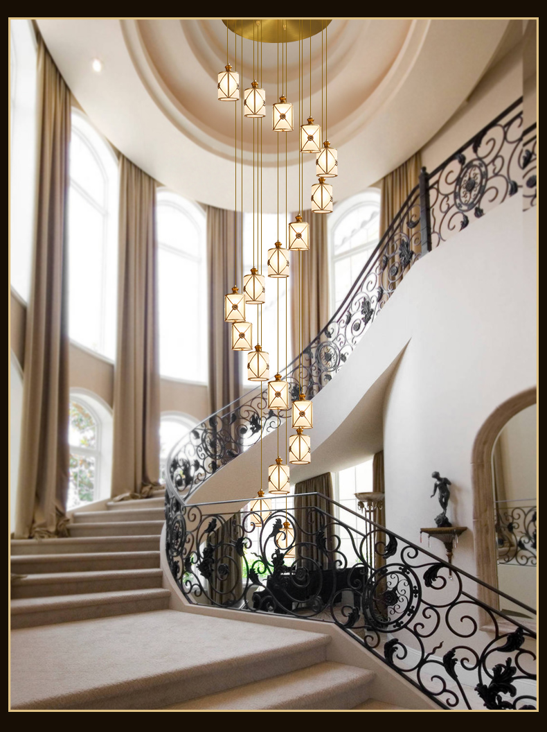 简纤全铜楼梯灯长吊灯欧式轻奢美式简约创意别墅复式楼旋转楼梯间吊灯