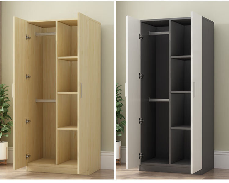 衣柜简用卧室储物柜板式小户型房用成人衣橱浅胡桃白色组装2门款80宽
