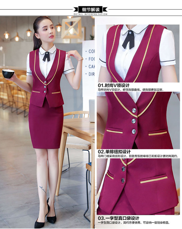 赵小熊新品酒店前台员工服装职业套装女夏季短袖马甲三件套前台酒店工