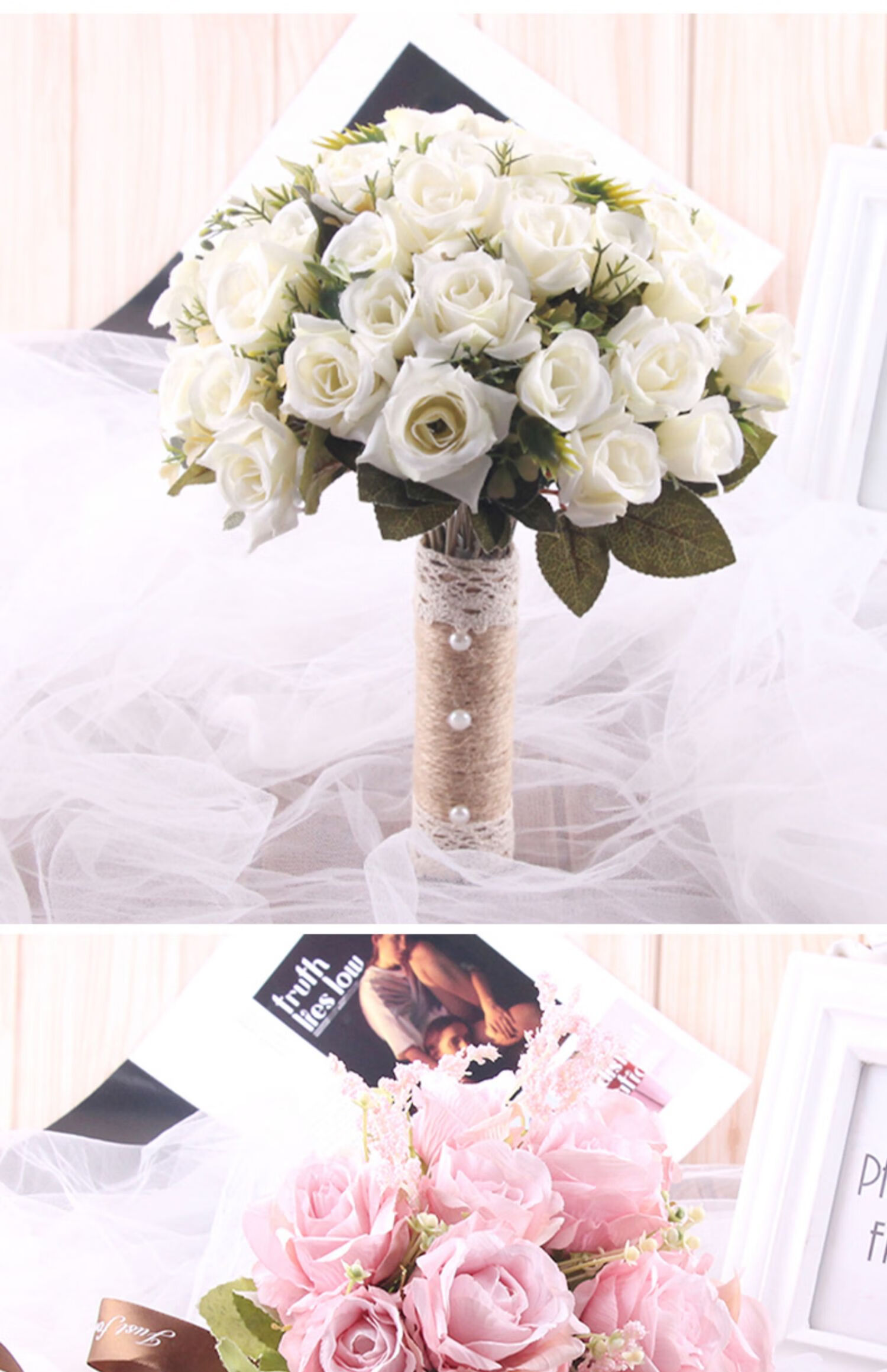 结婚领证手捧花韩式新娘婚礼仿真玫瑰清新森系结婚摄影道具手捧花白紫