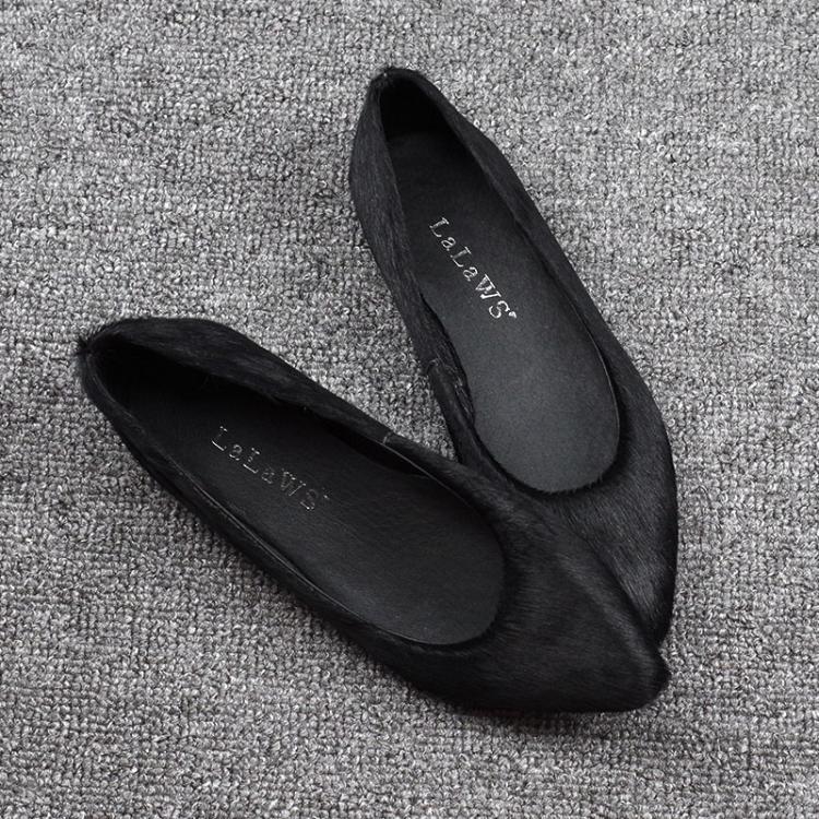 单鞋时尚豹纹尖头头层猪皮马毛浅口女鞋百搭平底大码船鞋悠曼娅黑色41