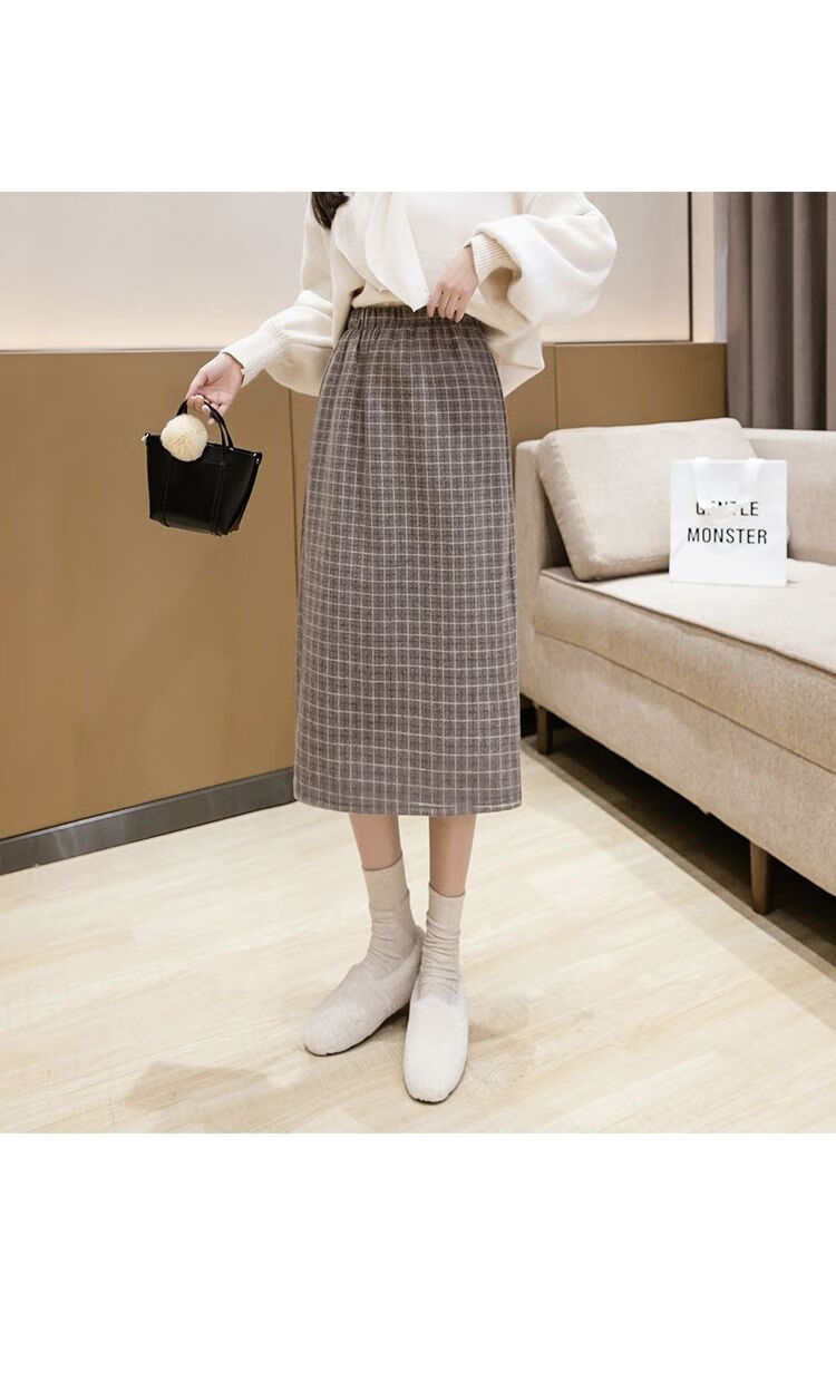 2021秋冬新款韩版格子毛呢半身裙女复古显瘦中长款a字开叉毛呢包臀裙