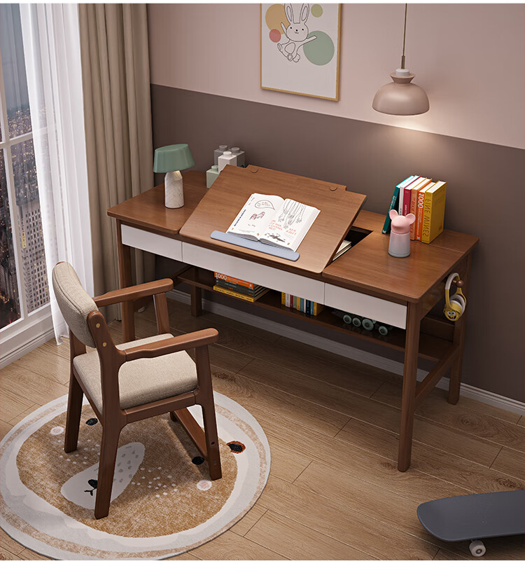 南梵北欧全实木学习桌卧室小学生家用电脑写字桌小户型简约书桌椅套装