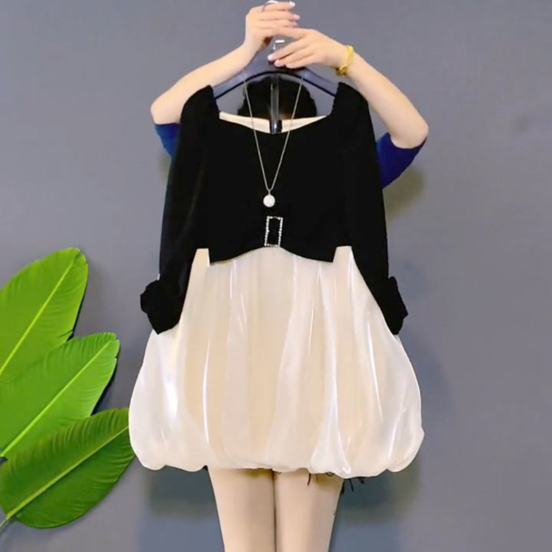 裙子女2022新款方口领蓬蓬裙显瘦花苞裙连衣裙米色连衣裙m建议80100斤