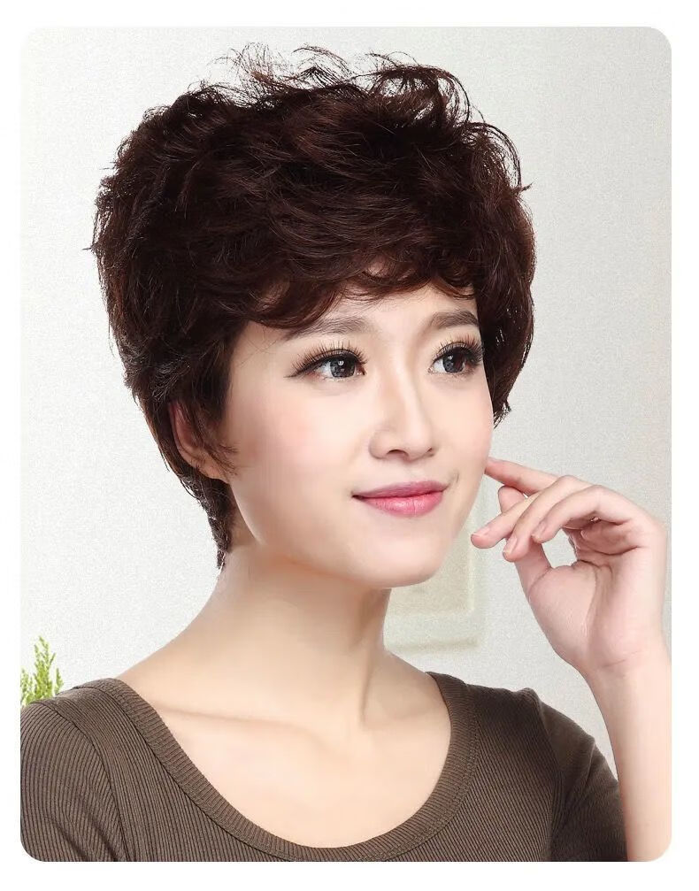 唐妮假发女短发短卷发中老年圆脸修脸气质自然仿真发丝妈妈假发套模特