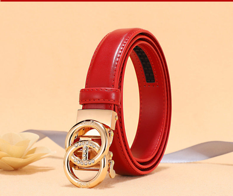 本命年红皮带女士自动扣真皮裤带结婚用礼物礼品红色腰带时来运转