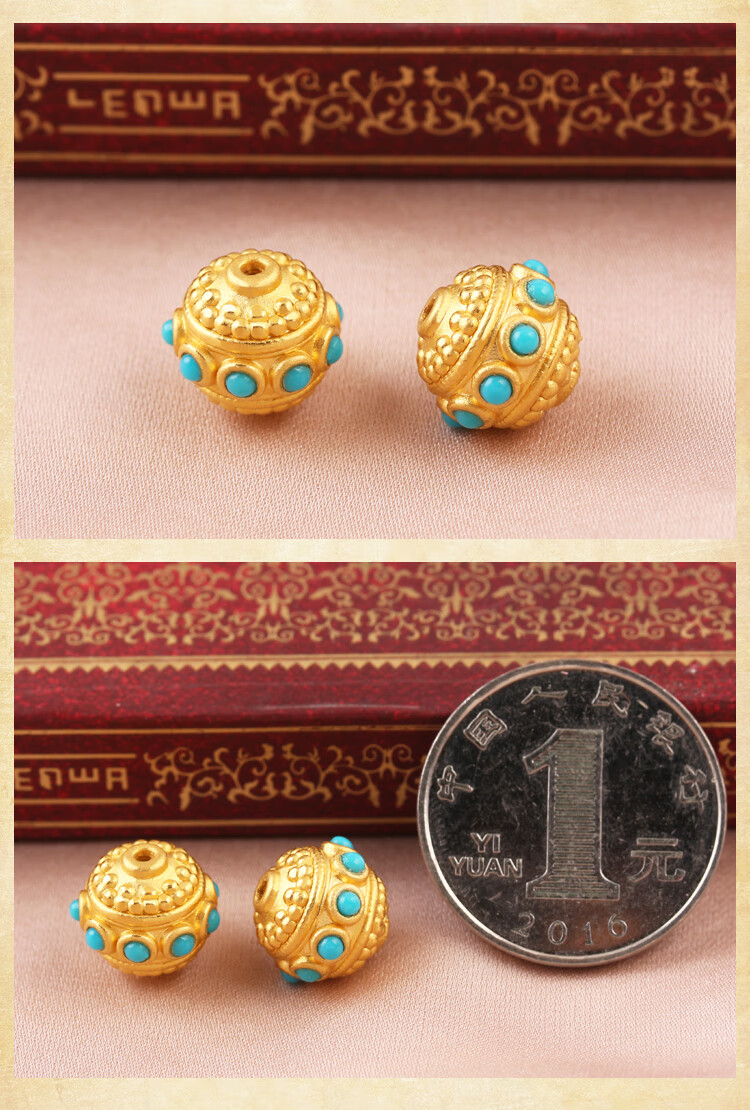 冰姿蔻足金转运珠男女款黄金蜻蜓眼镶嵌绿珠藏式佛珠配饰diy配件七夕